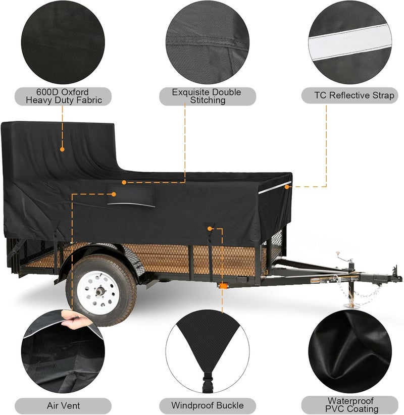 FGENKI Utility Trailer Cover, 5x8 Trailer Cover with Rear Landscape/Ramp Gate 48” to 60” high, 600D Waterproof Windproof Heavy Duty Black Dump Trailer Cover, Fits 5 x 8 FT (W x L) - Image 3